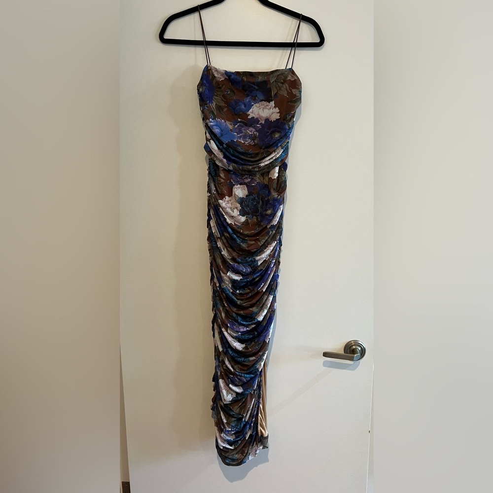 Vici Floral Ruched Slip Dress in Blue, Brown, Cream